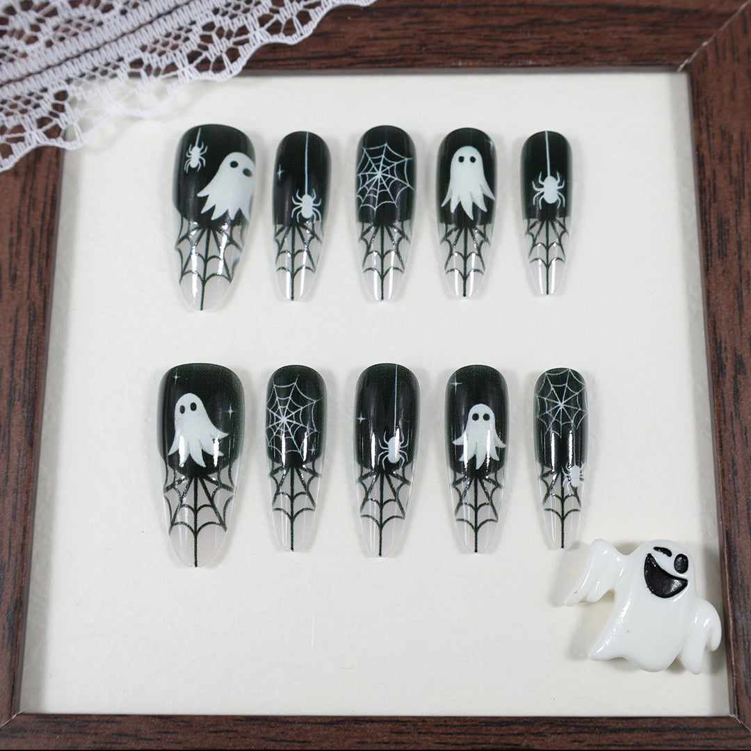 Halloween Artificial Nail Set with Ghost and Spider Web Design Kalsten