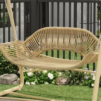 Woven rattan outdoor swing loveseat with padded cushions and powder-coated steel frame Kalsten