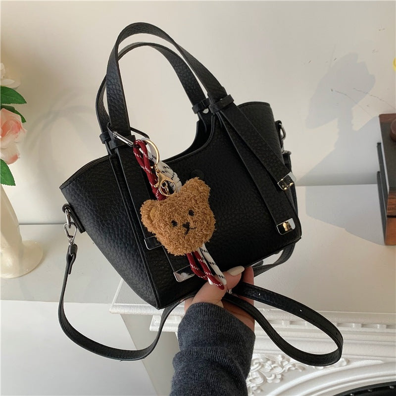 Textured Mini Tote Handbag with Charming Bear Keychain
