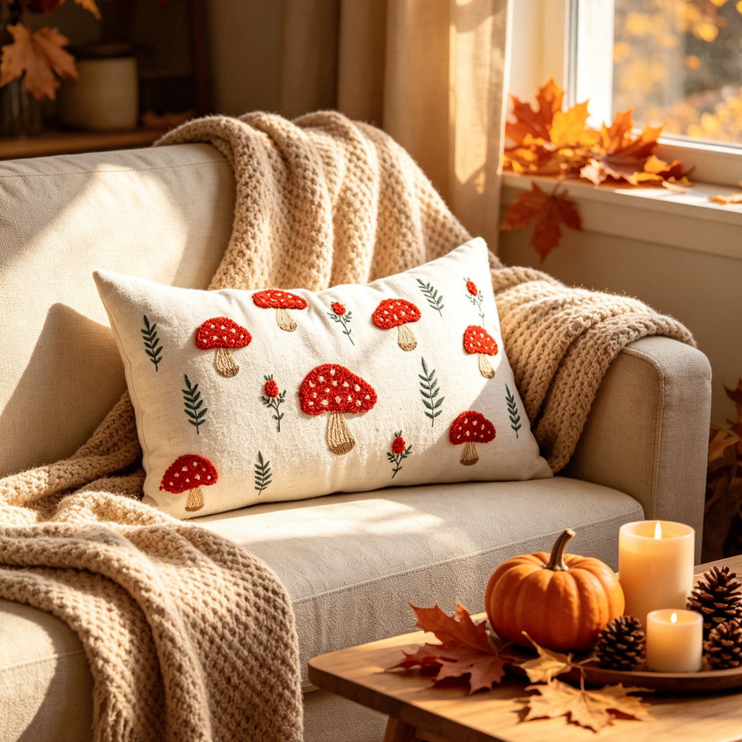 Embroidered Autumn Throw Pillow Cover with Mushroom and Leaf Appliqué