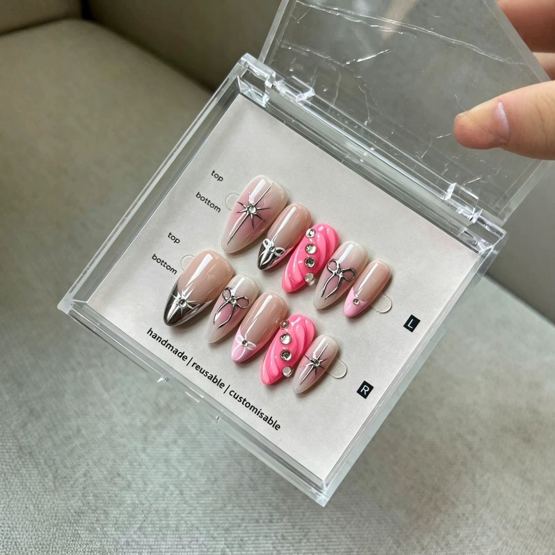 Artistic Press-On Nail Art Set with Gem Details
