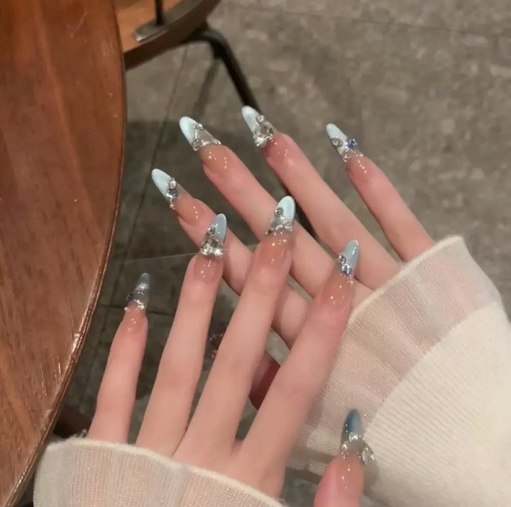 Artistic Press-On Nail Set with Floral and Gemstone Accents Kalsten
