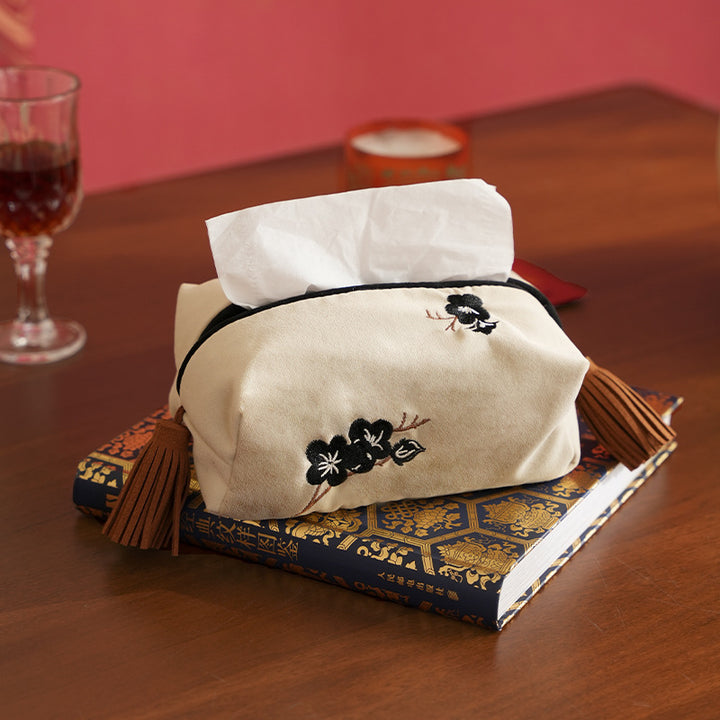 Elegant velvet handkerchief box cover with floral embroidery and tassels