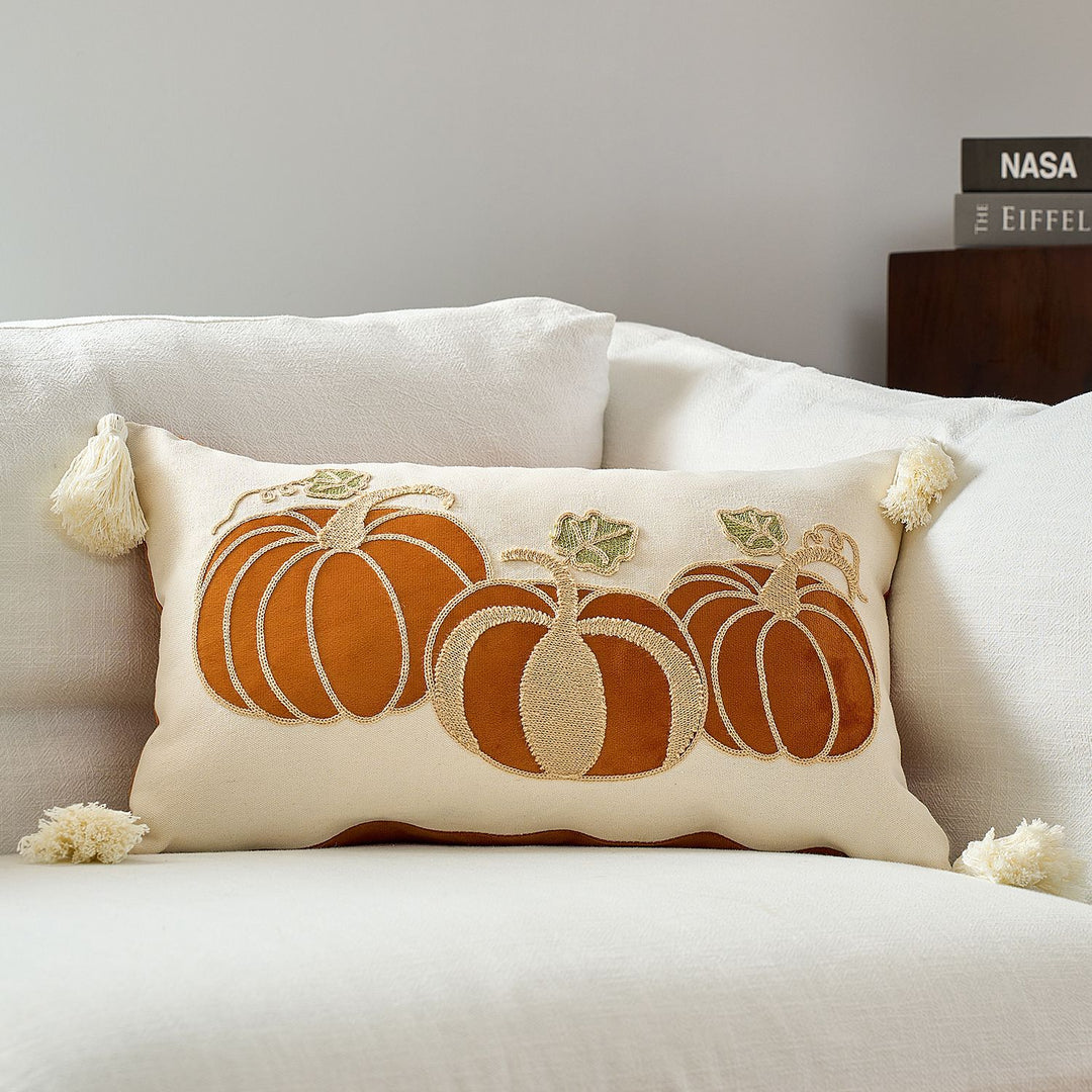 Embroidered Autumn Pumpkin Velvet Accent Pillow Cover