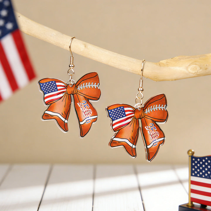 Women's acrylic statement earrings long pendant bow motif with patriotic print Kalsten