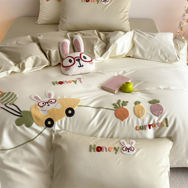 Children's bedding set made of cotton satin with embroidered rabbit and vegetable appliqués