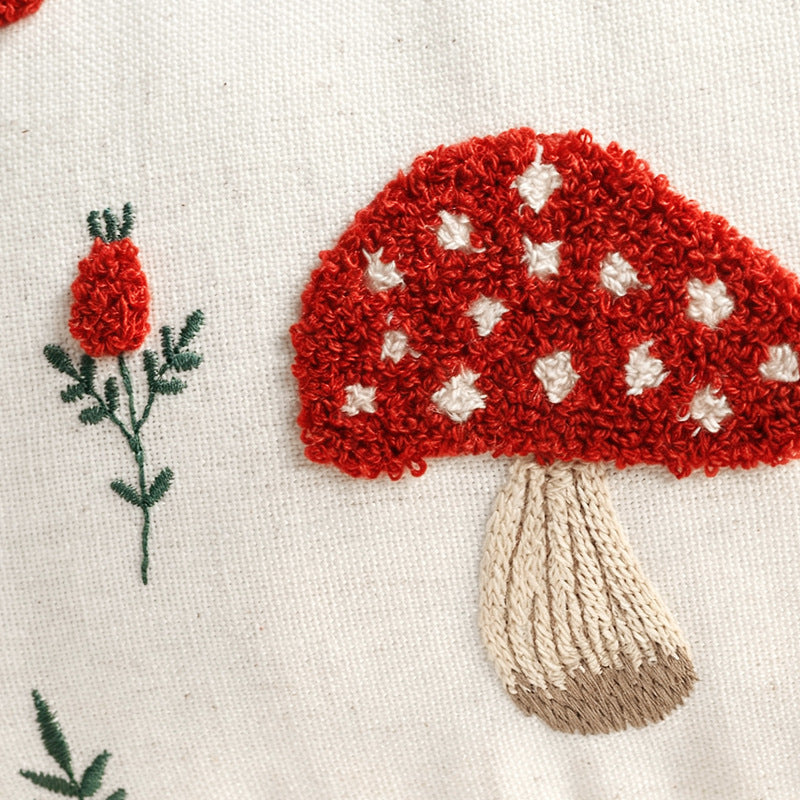 Embroidered Autumn Throw Pillow Cover with Mushroom and Leaf Appliqué