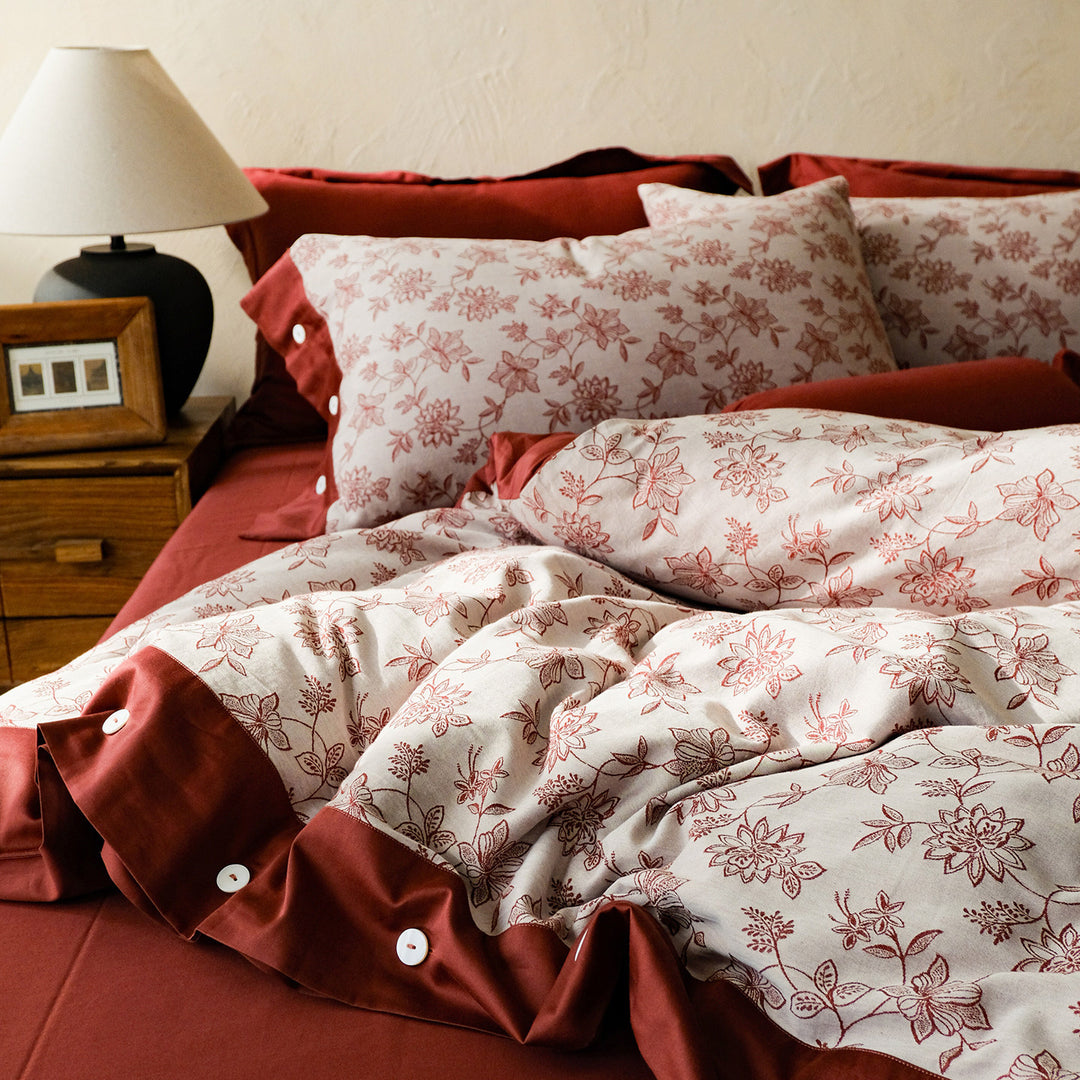 Woven bedding set made of cotton-linen mix with decorative floral jacquard and fine pillow trim