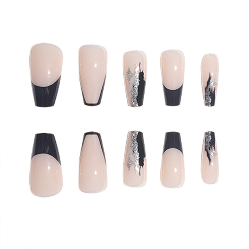 Elegant Stiletto Press-On Nails with Artistic Black Tips and Silver Accents Kalsten