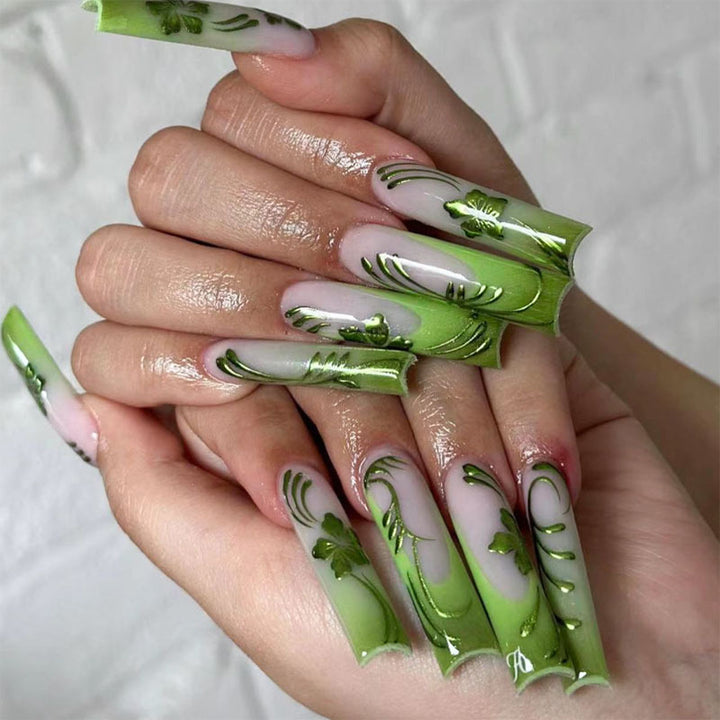 Artistic Long Stiletto Press-On Nails with Green Leaf Design