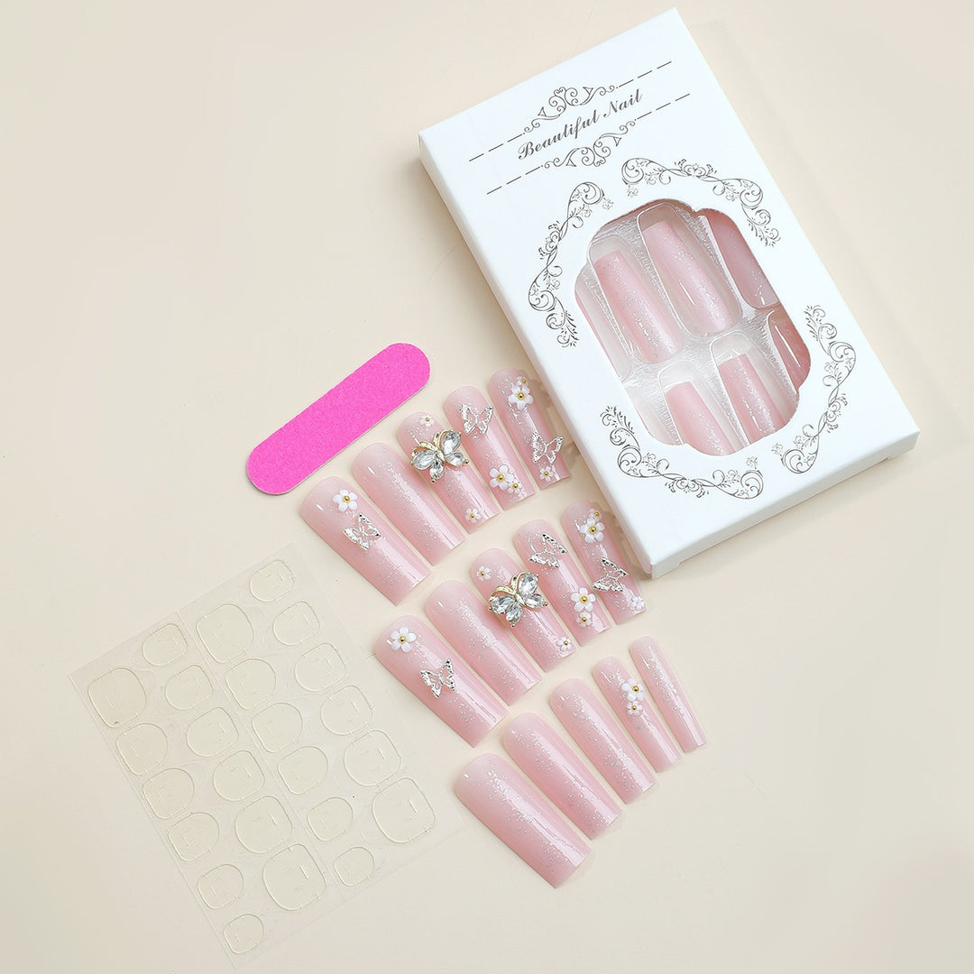 Acrylic Nail Set with Elegant 3D Flowers and Glitter Details Kalsten