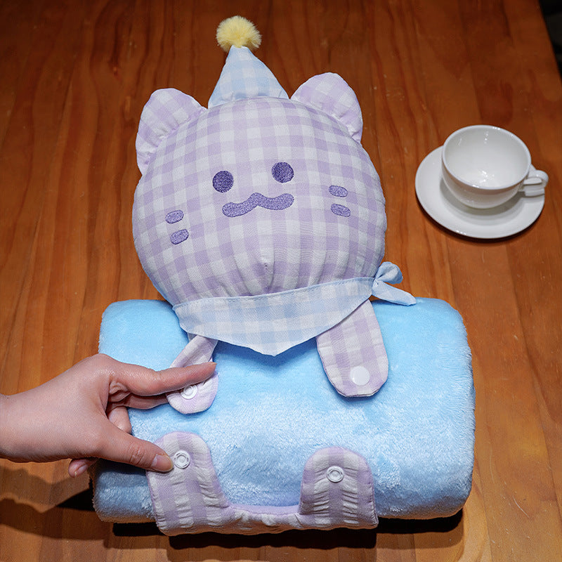 Cozy baby fleece blanket with plush cat head, carrying strap, and roll function