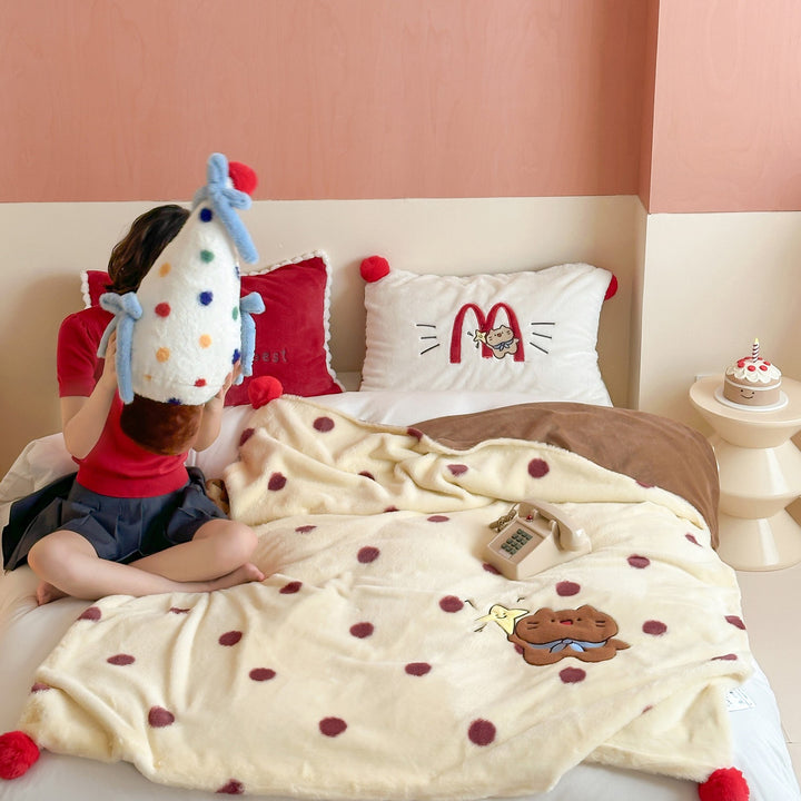 Extra soft microfleece throw blanket with embroidered teddy bear and polka dot design