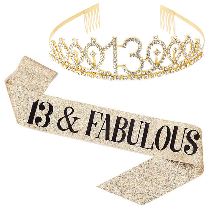 Girl Glittering Birthday Crown and Sash Set Kalsten