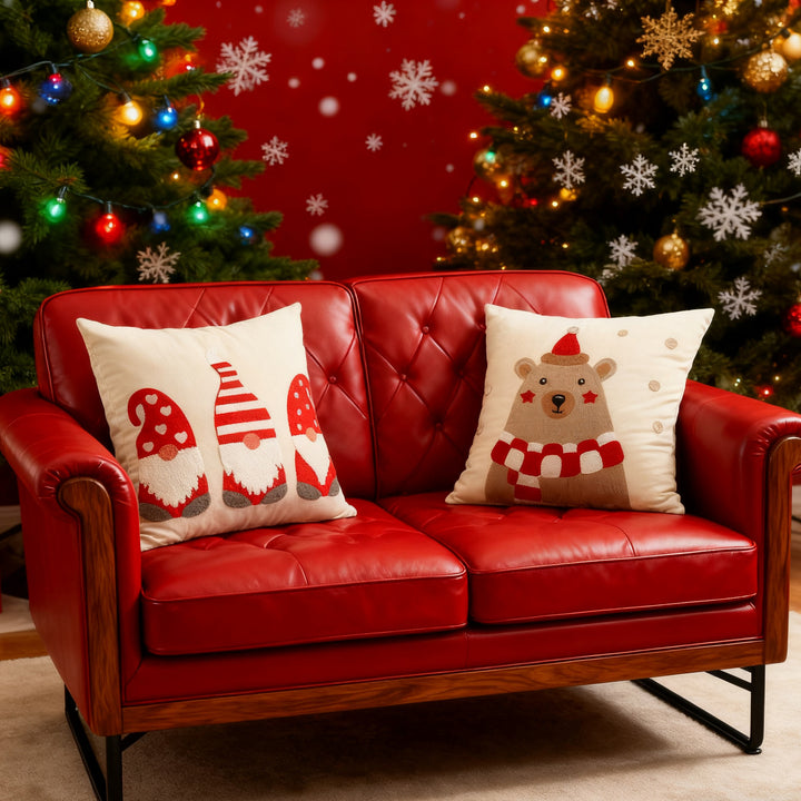 Festive Embroidered Bear Square Throw Pillow Cover