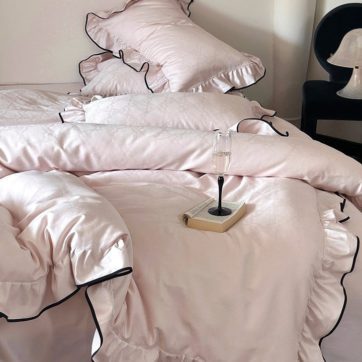 Luxurious cotton satin bedding set with ruffles and contrasting piping