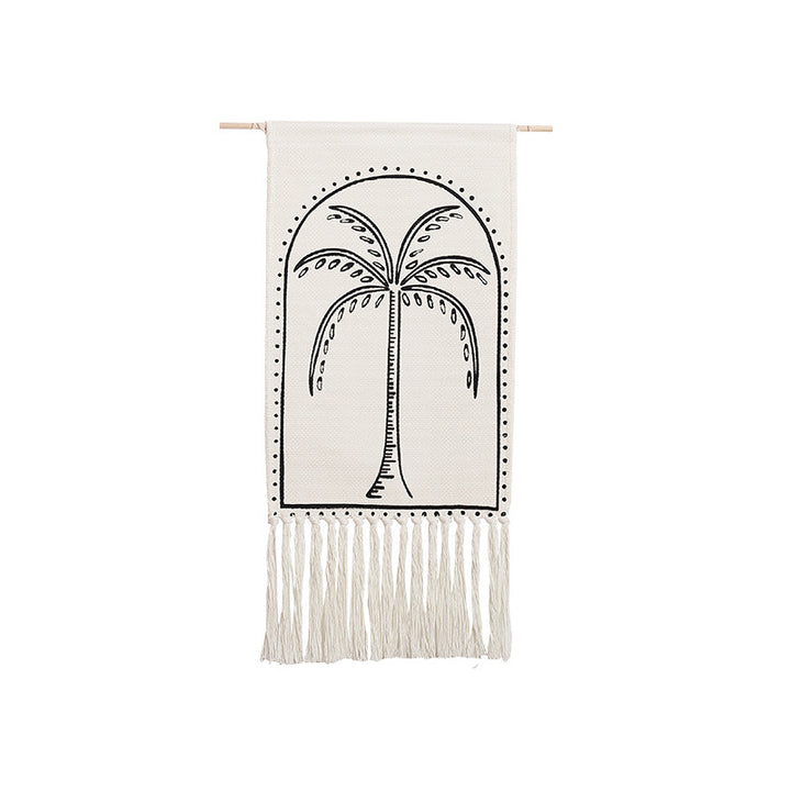 Woven wall hanging with hand-drawn mushroom motif and long cotton fringes Kalsten