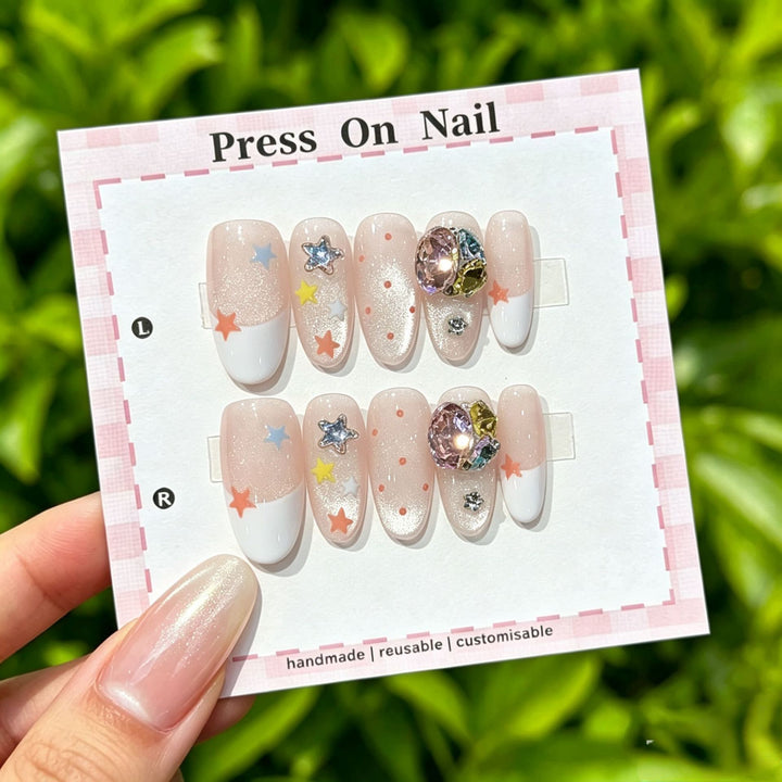 Artistic Press-On Nail Art Set with Star and Floral Accents