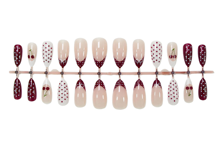 Artificial nail set with elegant cherry and polka dot patterns Kalsten