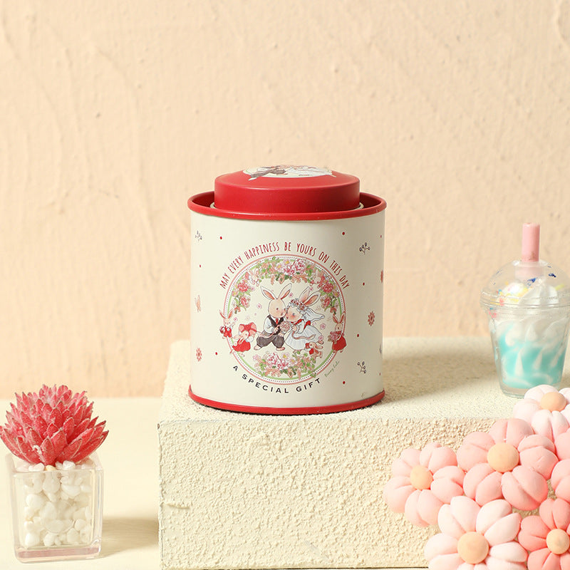 Decorative Tin Storage Canister with Illustrated Wedding Bunny Couple