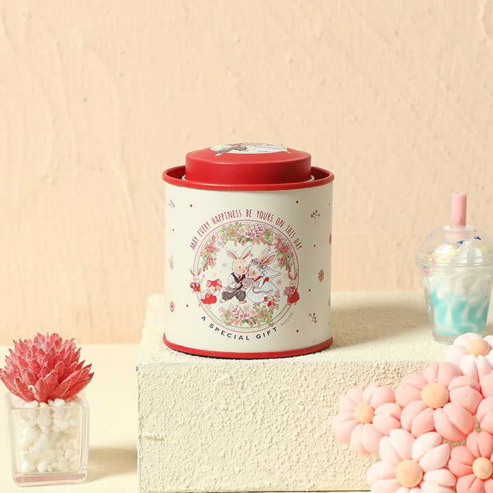Decorative Tin Storage Canister with Illustrated Wedding Bunny Couple