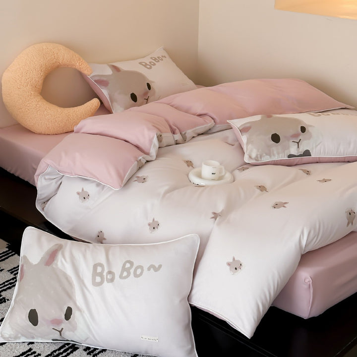 Children's bedding set with delicate bunny watercolor designs and extra-soft jersey touch