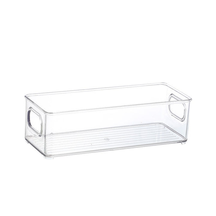 Versatile storage box made of clear plastic with side grip openings and ribbed bottom