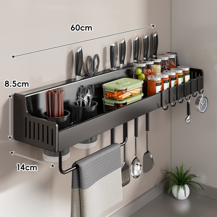 Wall-Mounted Stainless Steel Kitchen Rail with Knife Slots Spice Jar Shelf Multi-Hook Towel Bar