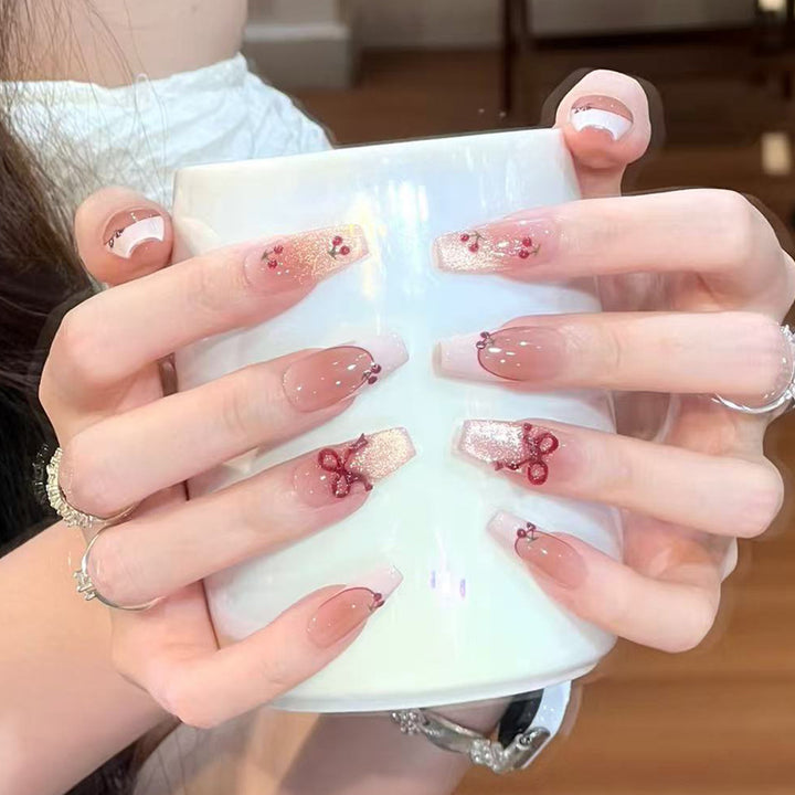 Press-On Nail Art with Elegant Floral and Bow Designs Kalsten