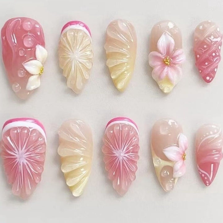 Artificial nails with 3D flower and fruit designs Kalsten