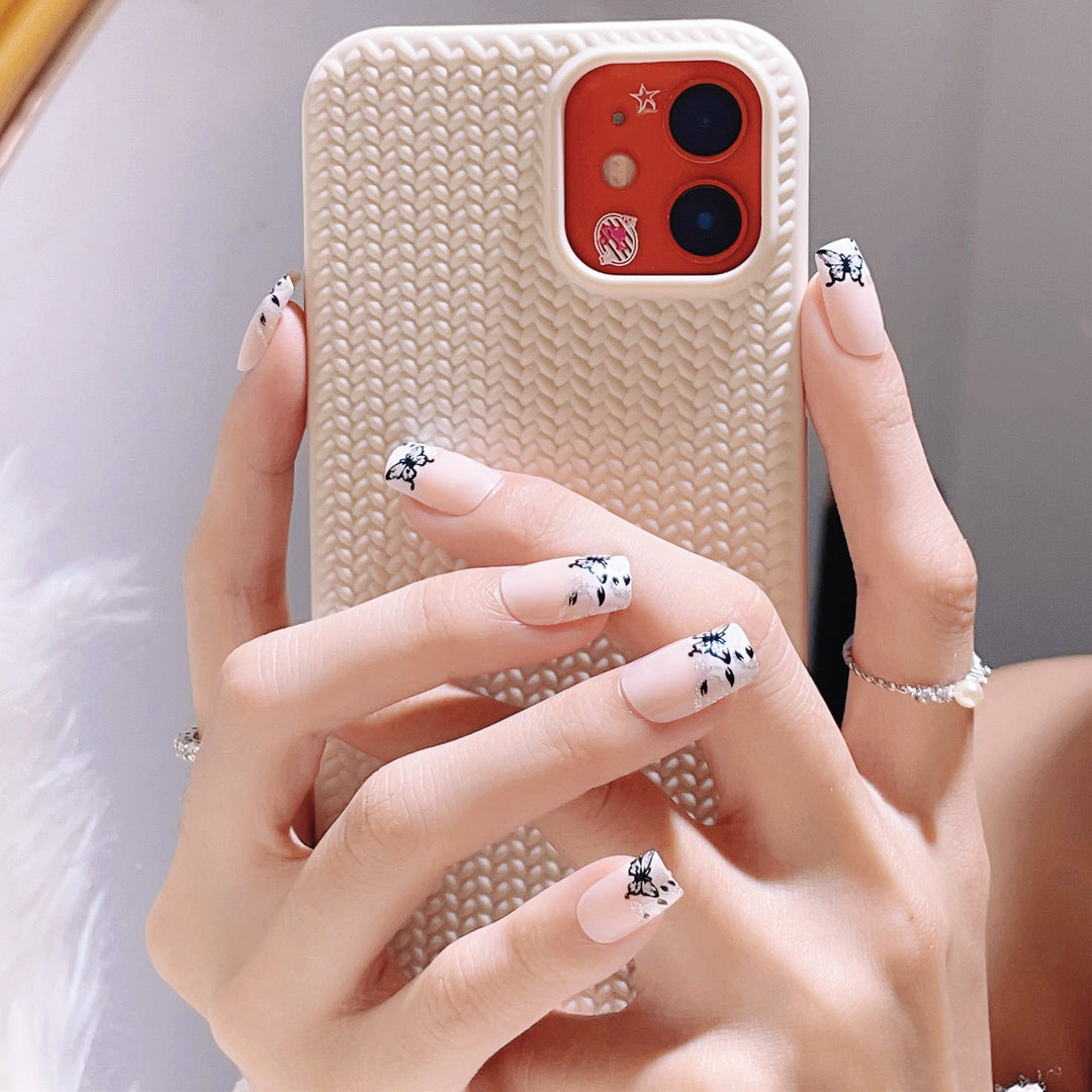 Artistic Press-On Nail Set with Butterfly Designs