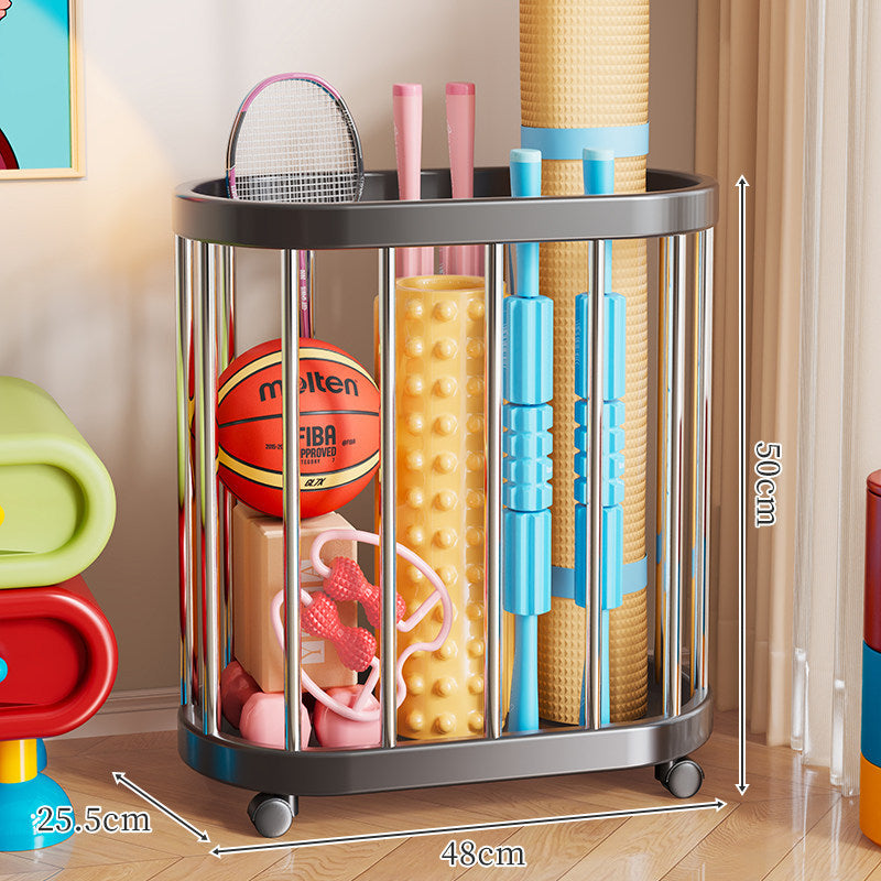 Vertical Rolling Sports Gear Storage Organizer with Cylindrical Metal Bar Frame and Casters