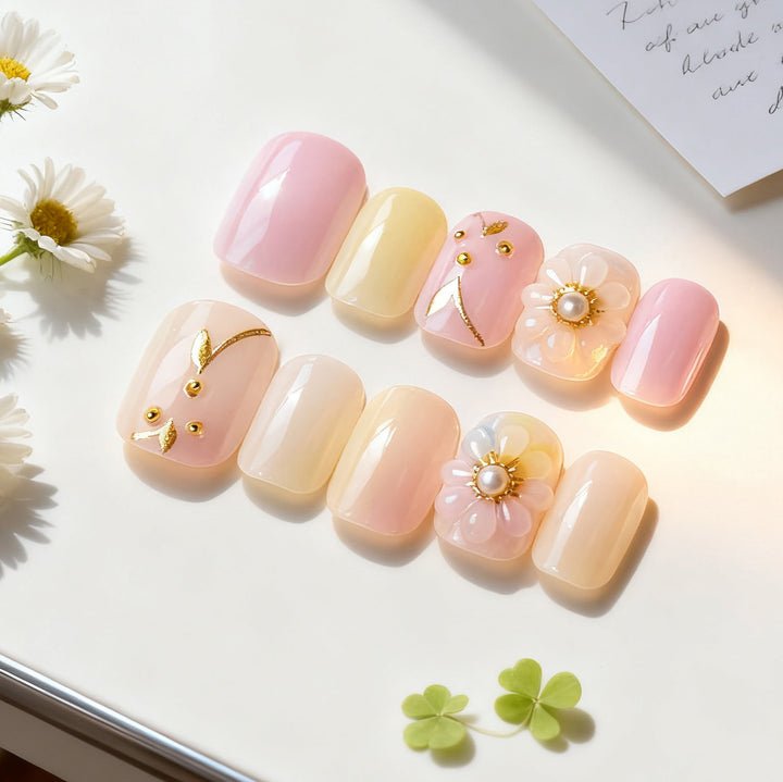 Floral-Themed Press-On Nail Art Set with Pearl Embellishments Kalsten