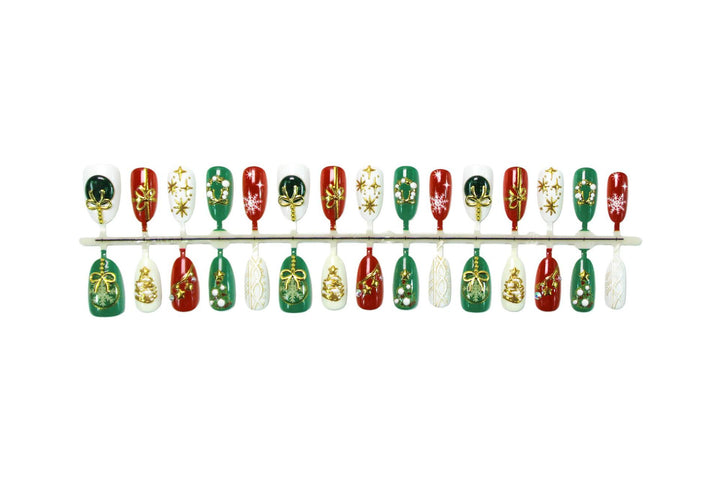 Artificial nail set with festive Christmas motifs and glamorous gold decorations Kalsten