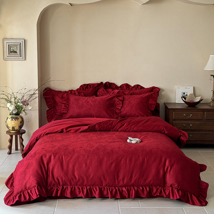 Bedding set with ruffled hem, woven floral jacquard and luxurious cotton satin quality