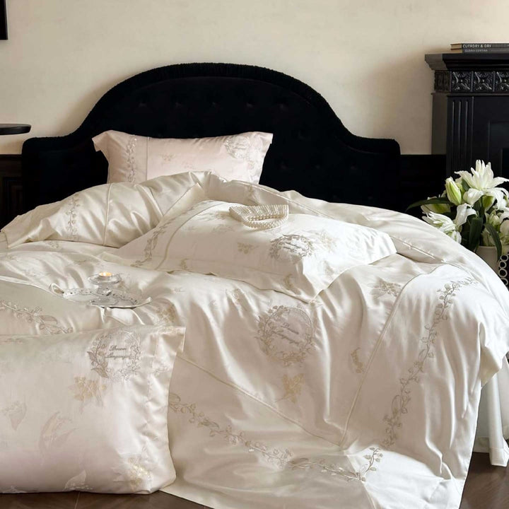 Luxurious cotton satin bedding set with embroidered medallion motif
