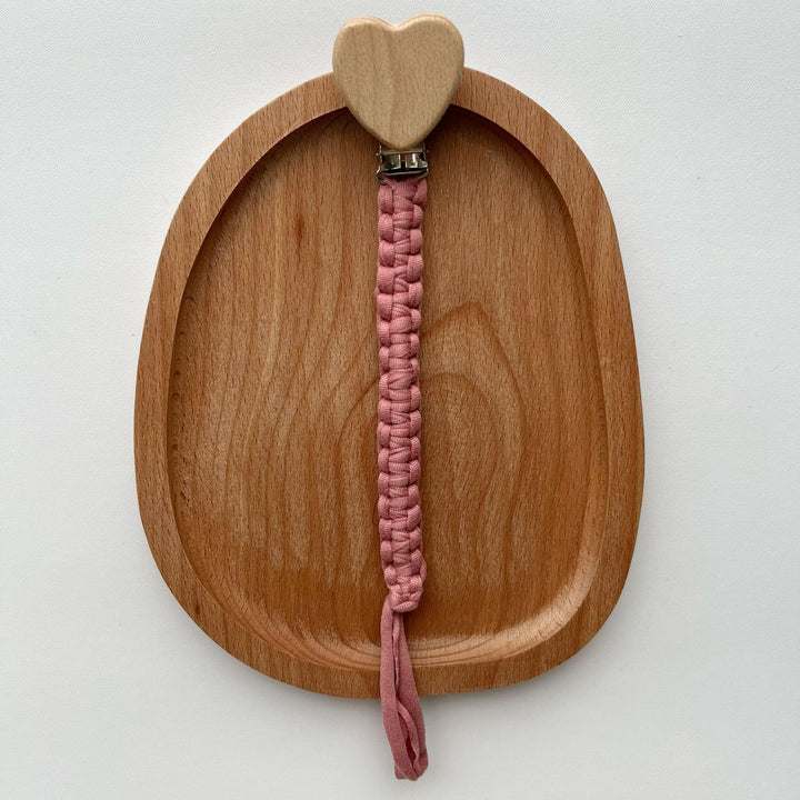 Braided Cotton Pacifier and Teether Clip with Heart Wooden Safety Clamp