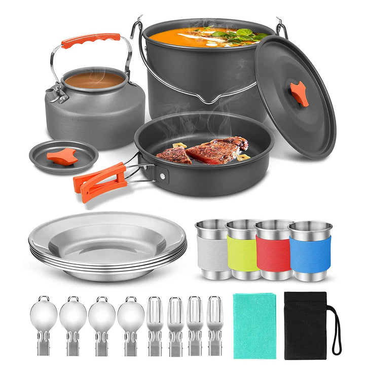 compact nesting anodized aluminum camping cookware kit with kettle nonstick pots frying pan foldable wash basin stainless steel plates cups Kalsten