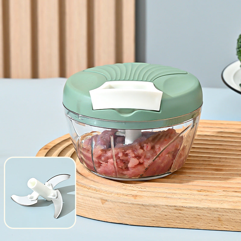 Compact Manual Pull-String Food Chopper with Interchangeable S-Blade and Clear Glass Bowl