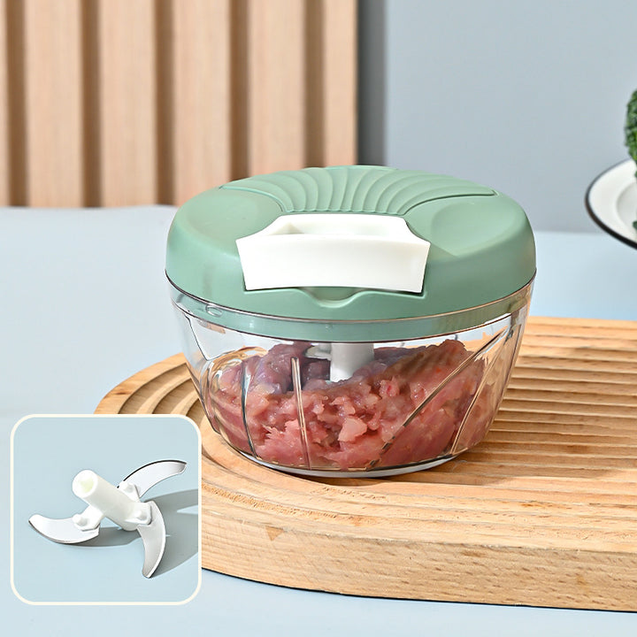 Compact Manual Pull-String Food Chopper with Interchangeable S-Blade and Clear Glass Bowl