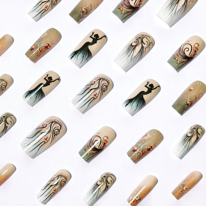 Artificial nails with elegant silhouette and floral accents Kalsten