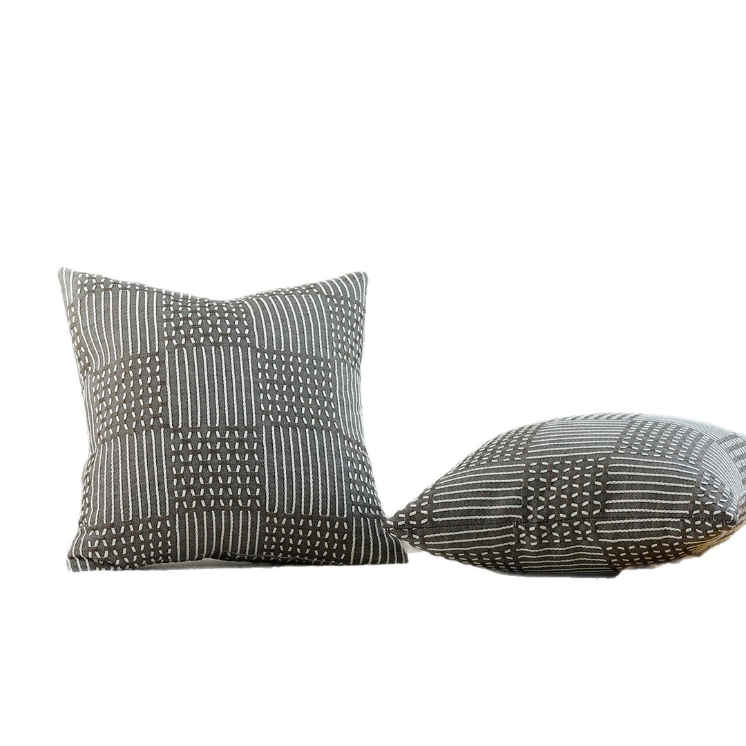 Decorative Square Textured Woven Geometric Throw Pillow Covers Set with Tufted Linear Appliqué