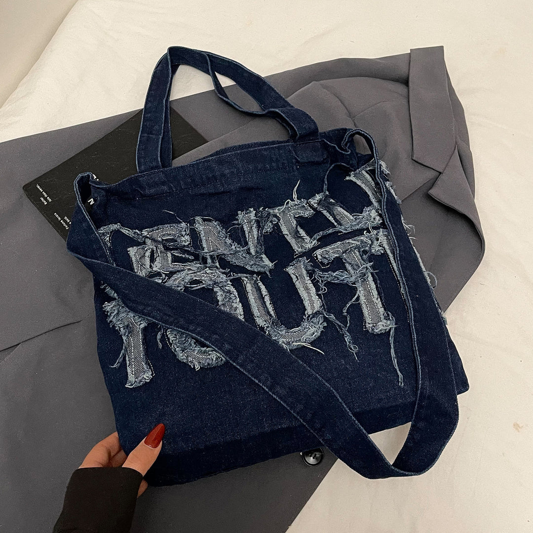 Distressed Denim Graphic Tote Bag