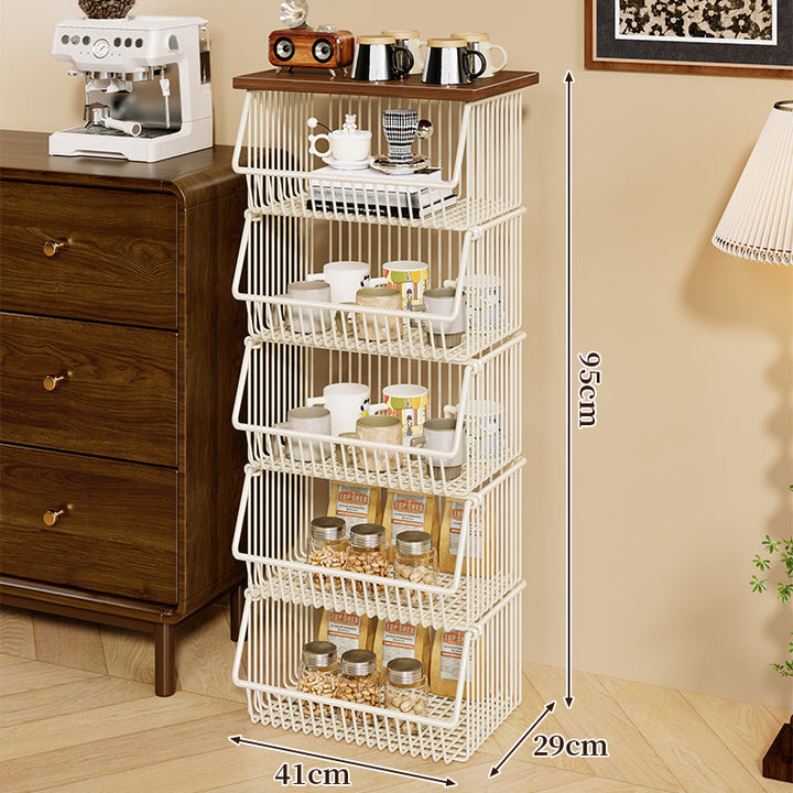 Mobile Four-Tier Kitchen Pantry Organizer Cart with Wood Top and Rolling Wire Baskets