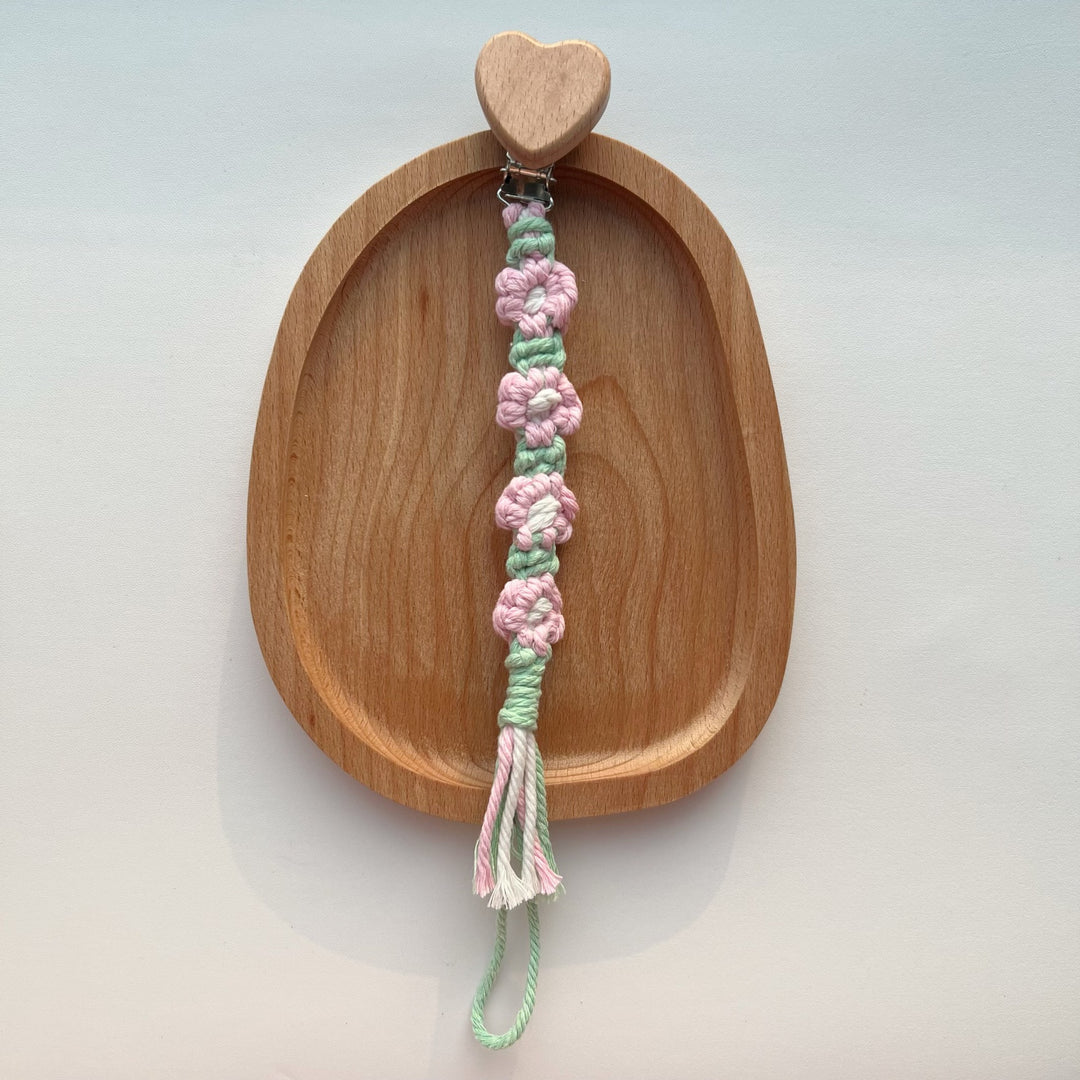 Cotton Crochet Floral Pacifier and Teether Clip with Wooden Heart Safety Clip