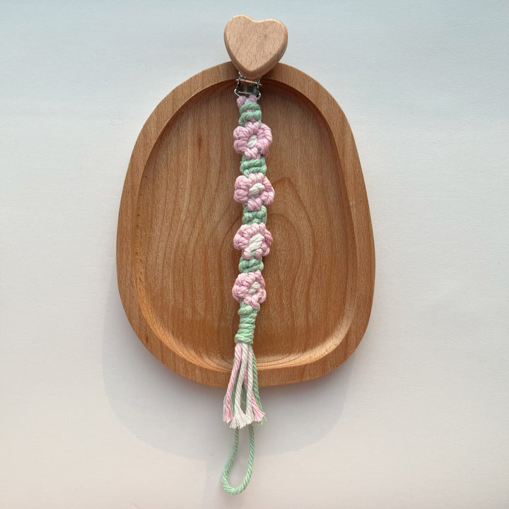Cotton Crochet Floral Pacifier and Teether Clip with Wooden Heart Safety Clip