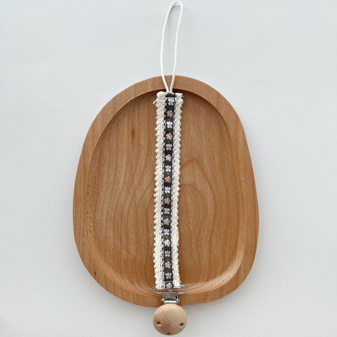Natural Wooden Bead Pacifier Clip with Embroidered Cotton Lace Strap
