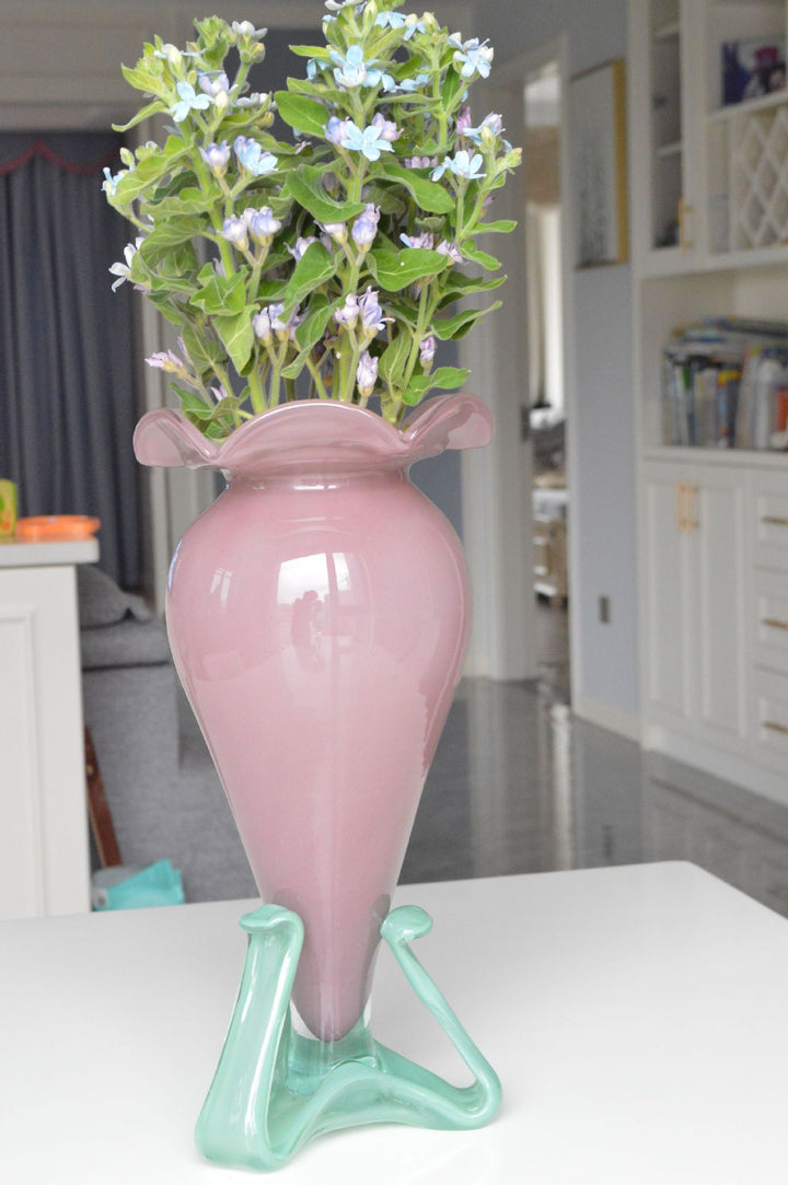Handblown Fluted Pedestal Art Glass Trumpet Vase Kalsten