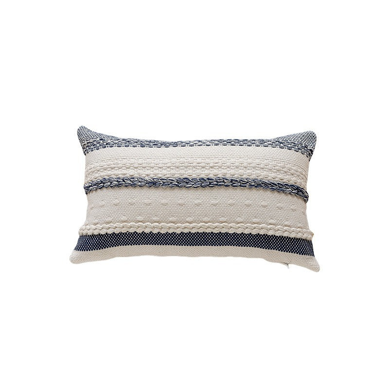 Woven Cotton Textured Lumbar Throw Pillow Cover with Braided Stripe Embellishments