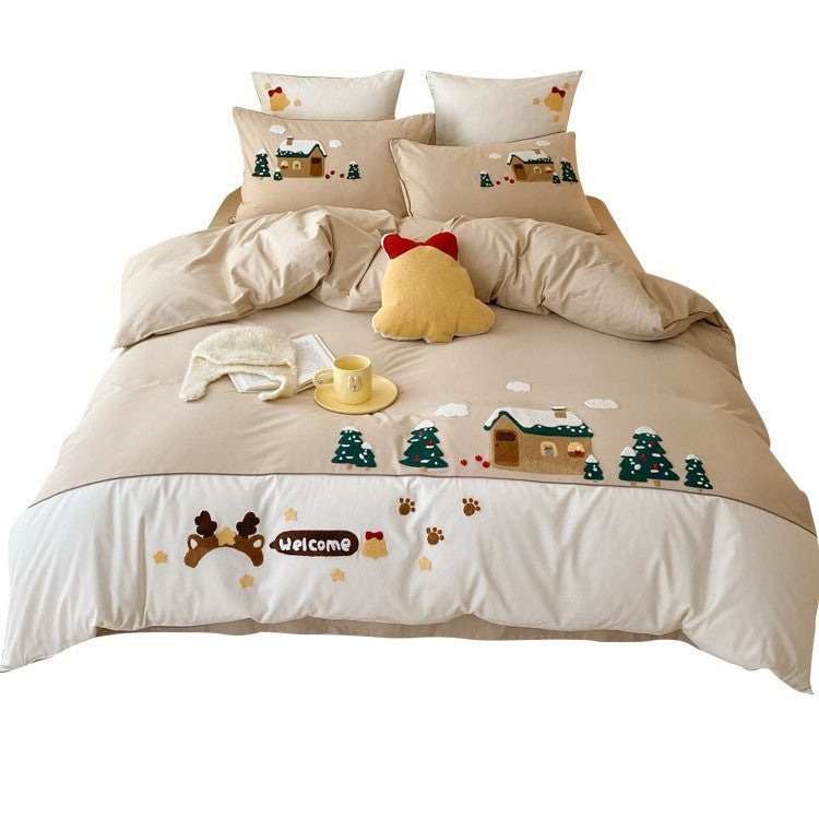 Cozy bedding set with embroidered winter house and Christmas tree motifs